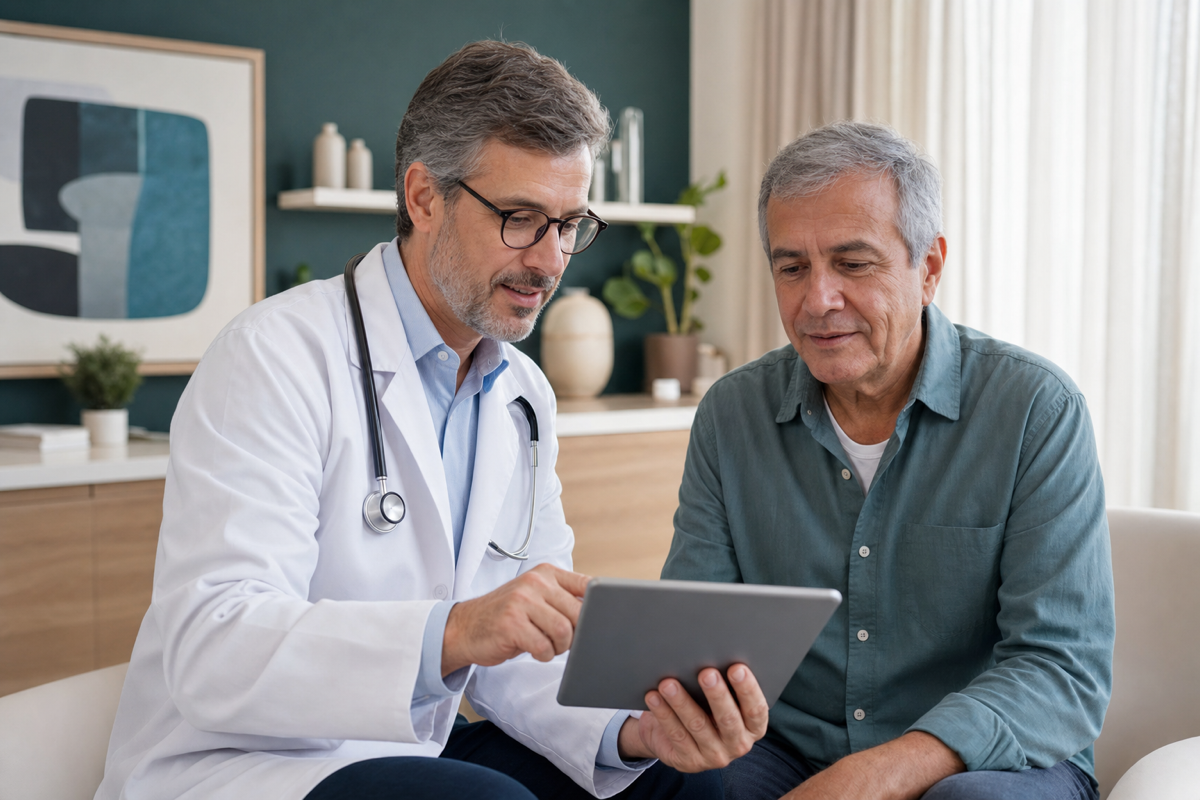Médico e paciente analisando resultados