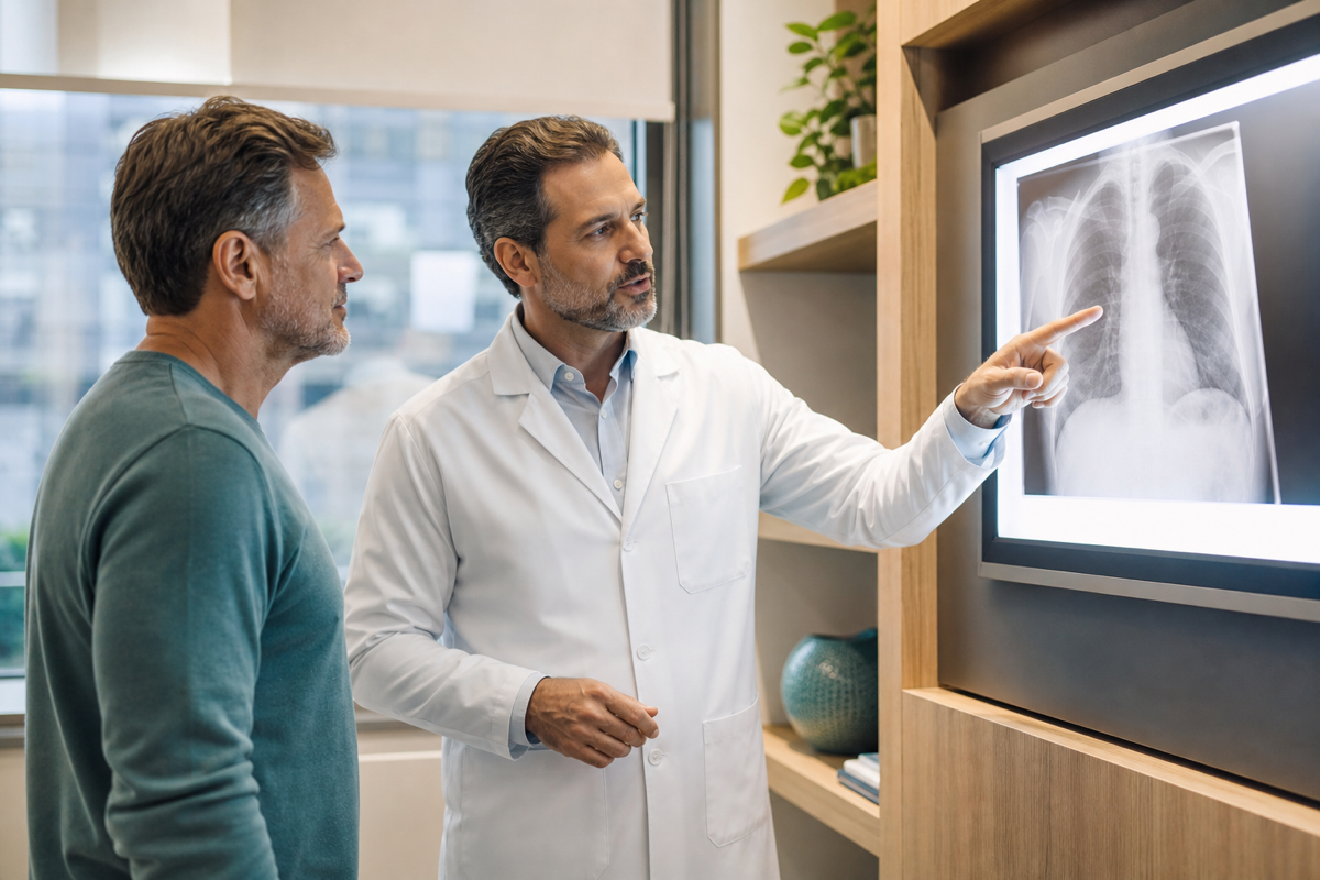 Médico analisando radiografia pulmonar